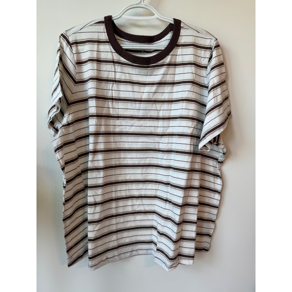 Old Navy Everywear Womens 2X Striped Ringer T-Shirt Brown White Short Sleeve Tee